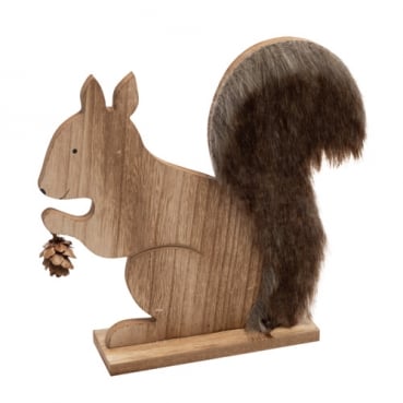 Holz Eichhörnchen mit flauschigem Kunstfell und Zapfen in Braun, 17 cm