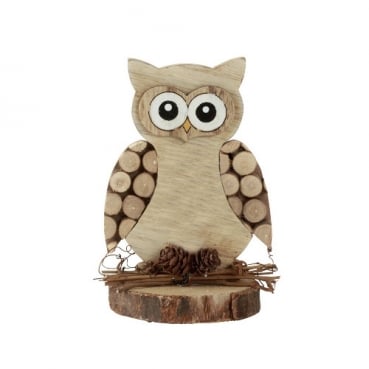 Dekofigur Holz Eule mit Verzierung in Hellbraun, 14 cm, Nr. 2