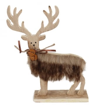 Holz Hirsch mit flauschigem Kunstfell und Metallglöckchen, 21 cm