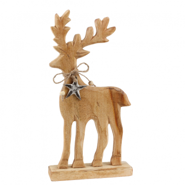 Holz Hirsch mit Sternanhänger, auf Sockel, 32 cm.
