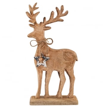 Holz Hirsch mit Sternanhänger, auf Sockel, 32 cm