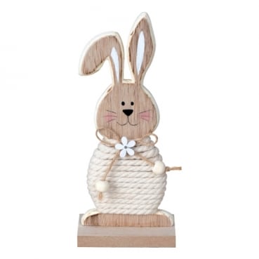 Holz Osterhase mit Kordelverzierung in Creme/Hellbraun, 18 cm