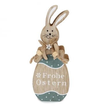 Holz Osterhase auf Osterei -Frohe Ostern- in Hellbraun/Petrol, 18 cm