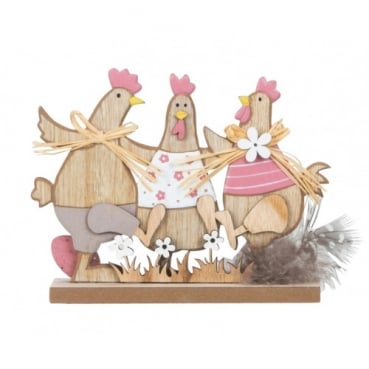 Holz Osterdeko Aufsteller Hühnerfamilie in Rosa, 15 cm