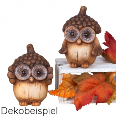 Keramik Eule mit Eichelmütze, Flügel oben, 90 mm Herbstliches Dekobeispiel Keramik Eulen mit Eichelmütze.