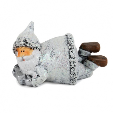 Dekofigur Nikolaus auf Bauch liegend mit Geschenk in Weiß/Grau, 10,5 cm