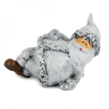 Dekofigur Nikolaus seitlich liegend mit Geschenk in Weiß/Grau, 11 cm