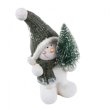 Keramik Schneemann mit Tannenbaum in linker Hand, 16,5 cm.