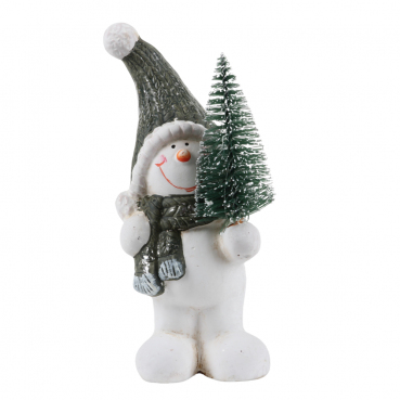 Keramik Schneemann mit Tannenbaum in linker Hand, 16,5 cm