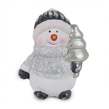 Keramik Schneemann mit Glitzerpulli, Tannenbaum in Silber/Grau, 70 mm