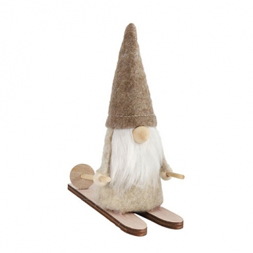Dekofigur Weihnachten, Winter, Filz Wichtel auf Holz Ski, Mütze in Braun, 12,5 cm