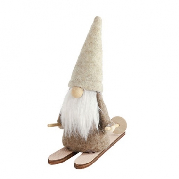 Dekofigur Weihnachten, Winter, Filz Wichtel auf Holz Ski, Mütze in Beige, 12,5 cm