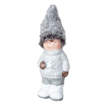 Deko Winter Junge mit Plüschmütze in Weiß/Grau glitzernd, 18 cm