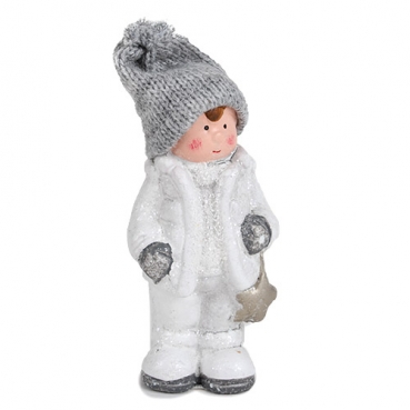 Deko Winter Junge mit Strickmütze und Stern in Weiß/Grau glitzernd, 12 cm