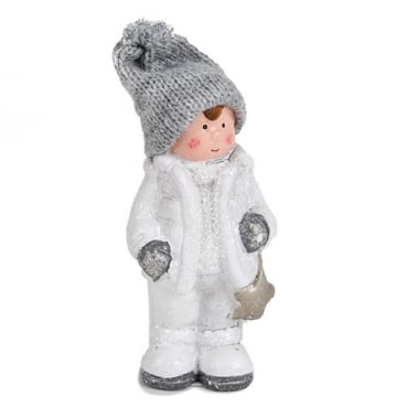 Deko Winter Junge mit Strickmütze und Stern in Weiß/Grau glitzernd, 12 cm