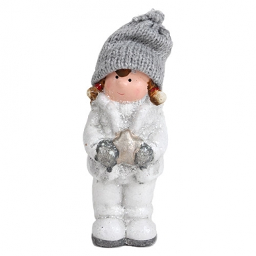 Deko Winter Mädchen mit Strickmütze und Stern in Weiß/Grau glitzernd, 12 cm