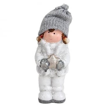 Deko Winter Mädchen mit Strickmütze und Stern in Weiß/Grau glitzernd, 12 cm