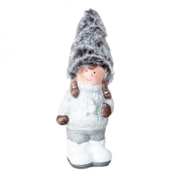 Deko Winter Mädchen mit Plüschmütze in Weiß/Grau glitzernd, 18 cm