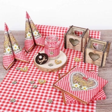 40-teiliges Tischdeko Paket, Set "Alpenherz", Karo in Rot