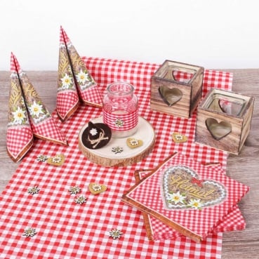 40-teiliges Tischdeko Paket "Alpenherz", Karo in Rot