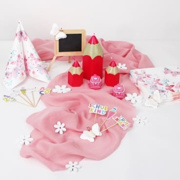 47-teiliges Tischdeko Paket Einschulung, Schulanfang, Schuleinführung "Erster Schultag in Rosa"