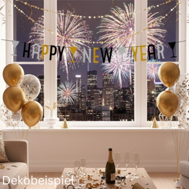 Ausdekorierte Partykette Silvester, Happy New Year in Schwarz, Silber, Gold