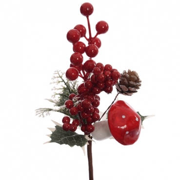 Deko Herbst Pick mit Beeren & Fliegenpilz in Rot/Grün, 24 cm