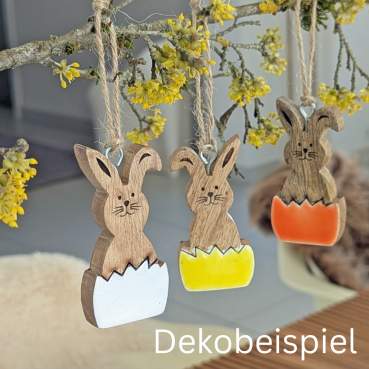 4 Mangoholz Osterhasen, bunte Eierschalen-Optik, zum Aufhängen, 78 mm drei hängende Osterhasen aus Holz bunt