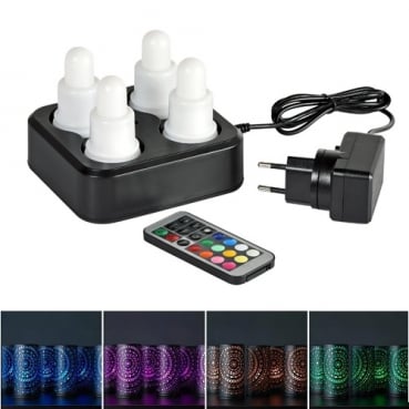 4er Set Duni LED Kerzen multicolour, Fernbedienung und Ladestation