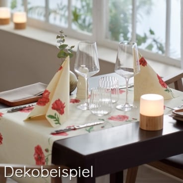 24 Meter Rolle Duni Dunicel Tischläufer Monique Duni Serie Monique. Blumenmotiv in Rot und Grün, Hintergrund in Creme.