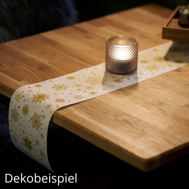 20 Meter Rolle Duni Dunicel Tischläufer Stargazing Cream auf einem Holztisch.