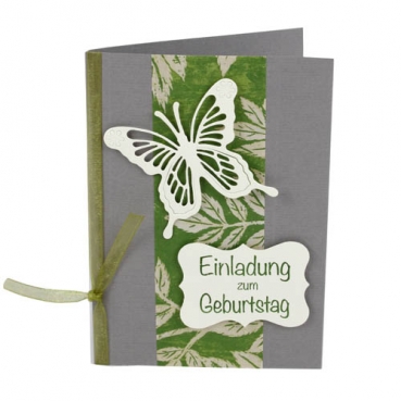 Einladungskarte Geburtstag, Schmetterling, Blätter Linolschnitt