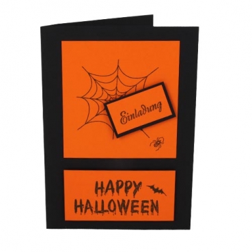 Einladungskarte Happy Halloween, Spinnennetz in Schwarz/Orange
