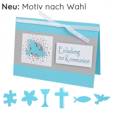 Einladungskarte Kommunion in Mintblau/Grau mit 6 Motiven zur Auswahl