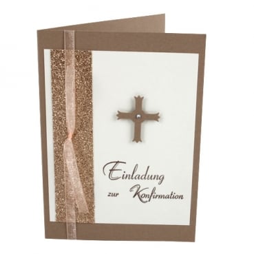 Einladungskarte Konfirmation, Kreuz in Braun/Bronze glitzernd