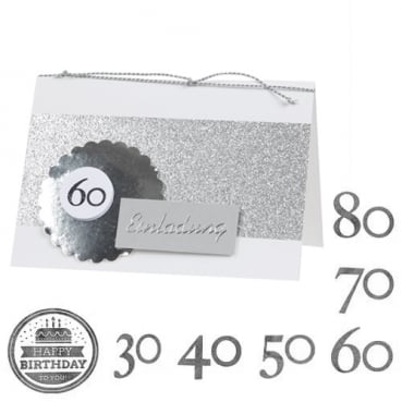 Einladungskarte Geburtstag Glitzer in Silber mit auswählbarer Jahreszahl