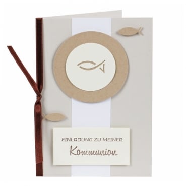 Einladungskarte Kommunion, Christliche Fische in Taupe/Creme