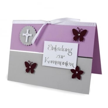 Einladungskarte Kommunion, Kreuz, Schmetterlinge, Blumen, in Flieder/Grau