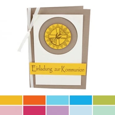Einladungskarte Kommunion, Kreuz, Taube, in 10 Farben