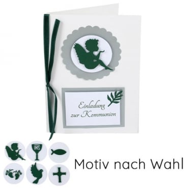 Einladungskarte Kommunion in Weiß/Dunkelgrün mit 6 Motiven zur Auswahl