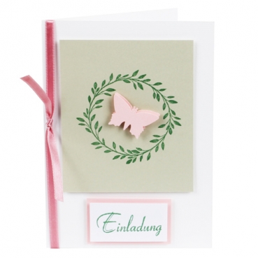 Einladungskarte Schmetterling, Blätterreigen in Lindgrün/Rosa