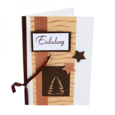 Einladungskarte Weihnachten, Sterne, Tannenbaum in Braun/Kupfer