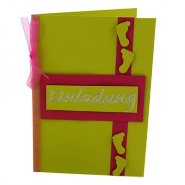Einladungskarte zur Taufe, Baby Füßchen in Kiwi/Pink