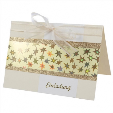 Einladungskarte Weihnachten, Sterne in Creme/Gold