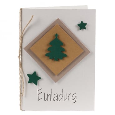 Einladungskarte Weihnachten, Tannenbaum, Sterne, in Silbergrau/Dunkelgrün