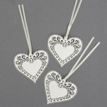 3 Papier Herzen mit Satinband, Laser Cut, für Kartengestaltung, Basteln, 67 mm