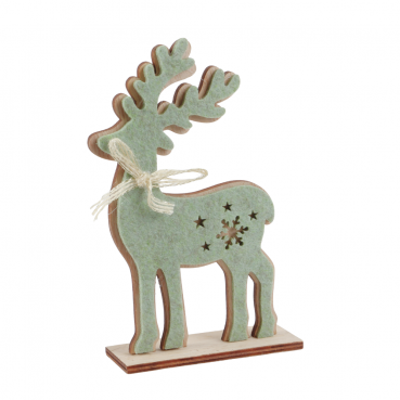 Deko Filz Tannenwald mit Holz Hirsch und RehkDeko Holz Hirsch mit Filz in Pistachio Green, 17 cm. Ansicht leicht schräg.