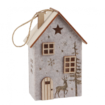 Deko Filz Haus mit Holz Verzierung und LED Beleuchtung, 14 cm