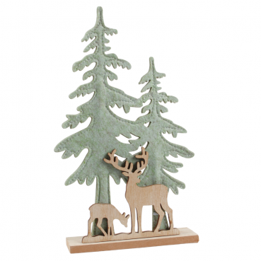 Deko Filz Tannenwald mit Holz Hirsch und Rehkitz in Pistachio Green, 30 cm, Ansicht leicht schräg.