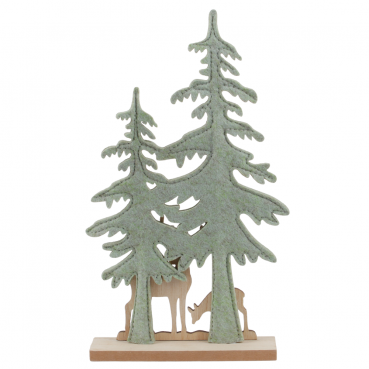 Deko Filz Tannenwald mit Holz Hirsch und Rehkitz in Pistachio Green, 30 cm, Ansicht Rückseite.
